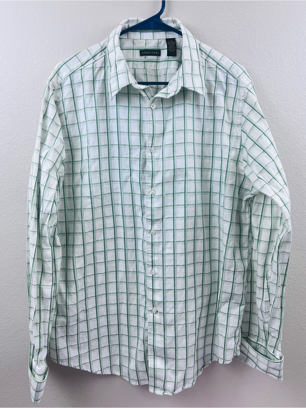Structure Mens Large All Cotton Shirt Plaid Green White Long  Sleeve Button Up